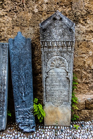 Muslim tombstones, garden courtyards, Archaeological Museum in the former Order Hospital of the Knights of St John, 15th century, Old Town, Rhodes Town, Greece, Europe