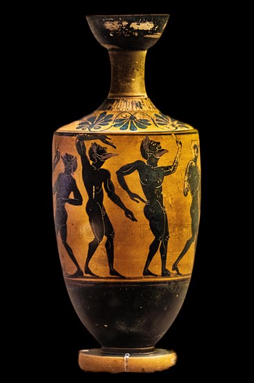 Naked men dancing in drunken ecstasy at Dionysian mysteries, olive oil jug, lekythos of the Leagros group cosmos, c. 500 BC from Kamiros, Archaeological Museum in the former Order Hospital of the Knights of St. John, 15th century, Old Town, Rhodes Town, Greece, Europe
