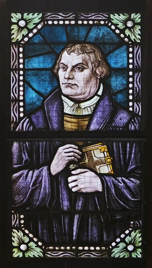 Portrait of Luther, stained glass in the Protestant Jakobuskirche, the only late Gothic basilica in Westphalia, Breckerfeld, Germany, Europe