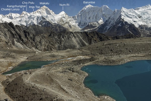 Imja Khola valley seen from Kongma La. It is the eight-thousander Makalu, the fifth-highest mountain on Earth, which is the highest in this view. Photo with peak labels. Khumbu, the Everest Region, Himalayas. Sagarmatha National Park, a UNESCO World Heritage Site. Solukhumbu, Nepal, Asia