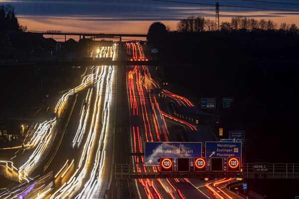 A8 motorway in evening light with light trails, Wendlingen, Baden-Wuerttemberg, Germany, Europe