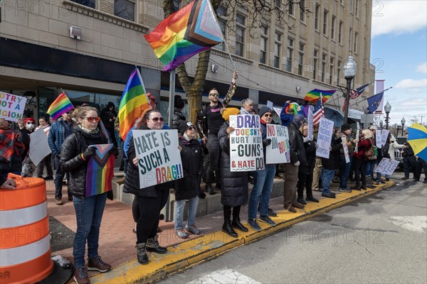 Royal Oak, Michigan USA, 11 March 2023, A small group of conservative Republicans protesting the Sidetrack Bookshops Drag Queen Story Hour were outnumbered by many hundreds of counter-protesters supporting the LGBTQ community