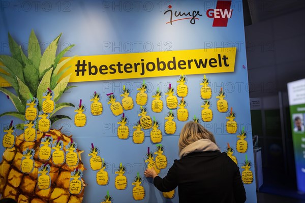 Wish wall of the GEW trade union. The trade fair Didacta is Europes largest education trade fair, target groups are teachers and trainers at kindergartens, schools and universities. Stuttgart, Baden-Wuerttemberg, Germany, Europe