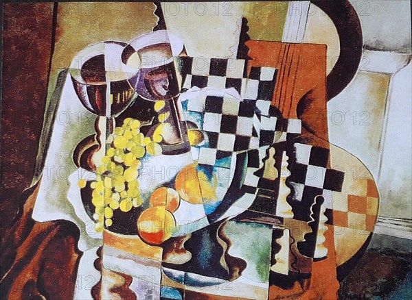 Oil painting by Volker von Mallinckrodt in the Cubist style, Cubism, with fruit, grapes, apples, chessboard, chess pieces and guitar