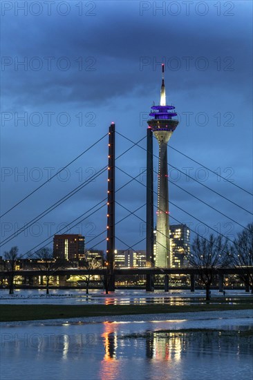 Rhine, Rhine level, high water, flooding in Duesseldorf, view of Rheinkniebruecke, Rheinturm and Medienhafen, Duesseldorf, North Rhine-Westphalia, Germany, Europe