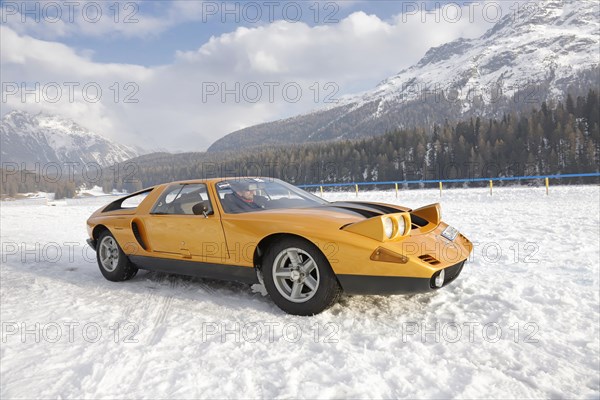 Mercedes-Benz C 111-II by Mercedes Klassik on the frozen lake, built 1970, The ICE, St. Moritz, Engadin, Switzerland, Europe