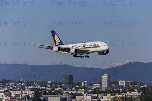 ZRH Airport with aircraft on approach of Singapore Airlines, Airbus A380-800, Zurich, Switzerland, Europe