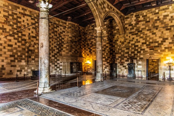 Palace hall with mosaic floor, Grand Masters Palace built in the 14th century by the Johnnite Order, fortress and palace for the Grand Master, UNESCO World Heritage Site, Old Town, Rhodes Town, Greece, Europe