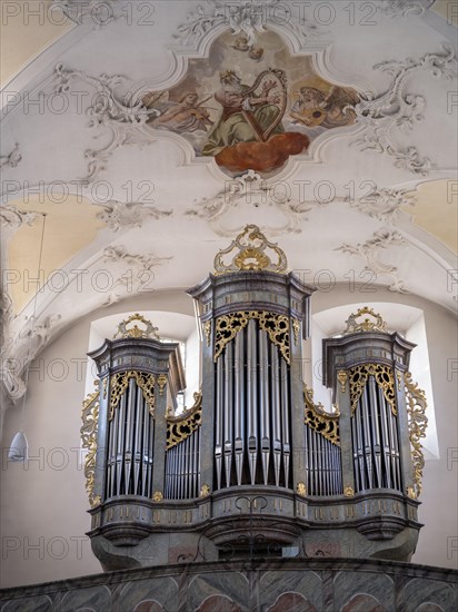 Organ in the Catholic parish church of St. Peter and Paul, former collegiate church, Romanesque columned basilica, Unesco World Heritage Site, Niederzell on the island of Reichenau in Lake Constance, Konstanz district, Baden-Wuerttemberg, Germany, Europe