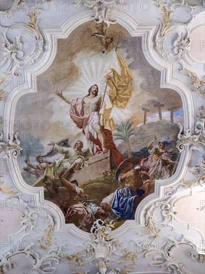 Ceiling painting in the Catholic parish church of St. Peter and Paul, former collegiate church, Romanesque columned basilica, Unesco World Heritage Site, Niederzell on the island of Reichenau in Lake Constance, Constance district, Baden-Wuerttemberg, Germany, Europe