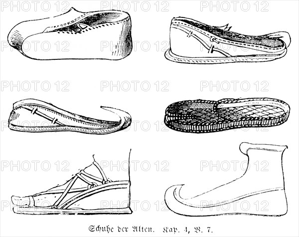 Shoes of the Ancients, clothing, foot, ancient, biblical times, sole, sandal, leather, material, footwear, craft, cobbler, Bible, Old Testament, The Book of Ruth, chapter 4, verse 7, historical illustration circa 1850, Near East