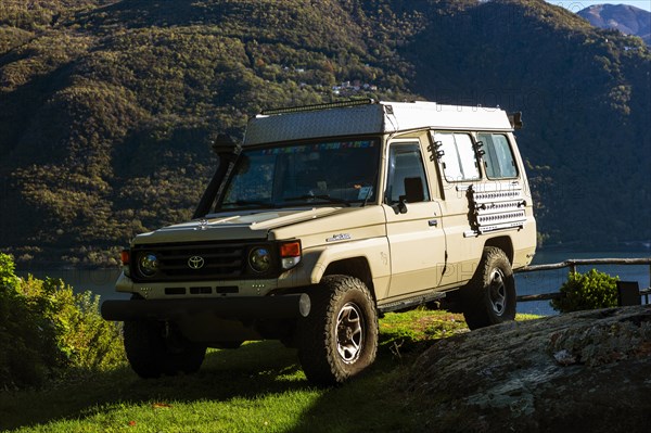 Converted camping vehicle, Toyota Land Cruiser, Cannobio, Lago Maggiore, Verbano-Cusio-Ossola, Piedmont, Italy, Europe