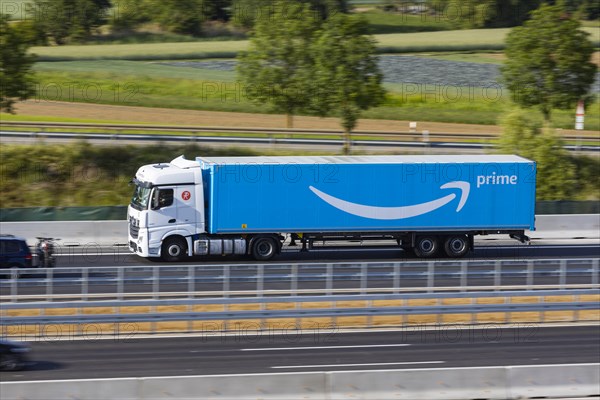 Truck on the road on the motorway advertising Amazon Prime, Stuttgart, Baden-Wuerttemberg, Germany, Europe