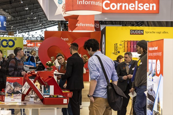 Trade fair stand of the textbook publisher Cornelsen. The trade fair Didacta is Europes largest education trade fair, target groups are teachers and trainers at kindergartens, schools and universities. Stuttgart, Baden-Wuerttemberg, Germany, Europe