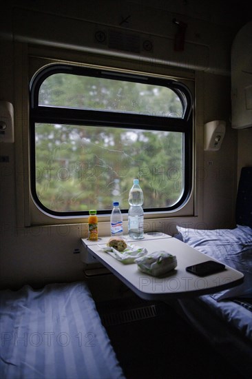 View from the window of a night train. Ki Kiev, Ukraine, Europe