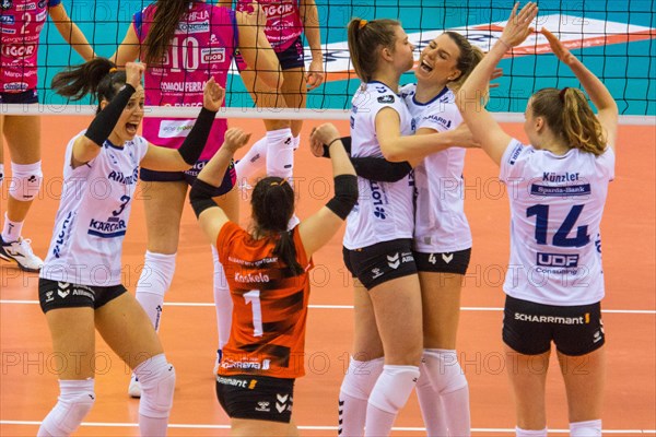 Allianz MTV Stuttgart players cheer after winning a point