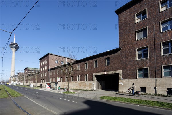 Duesseldorf Police Headquarters, left of the Rheinturm, Duesseldorf, North Rhine-Westphalia, Germany, Europe