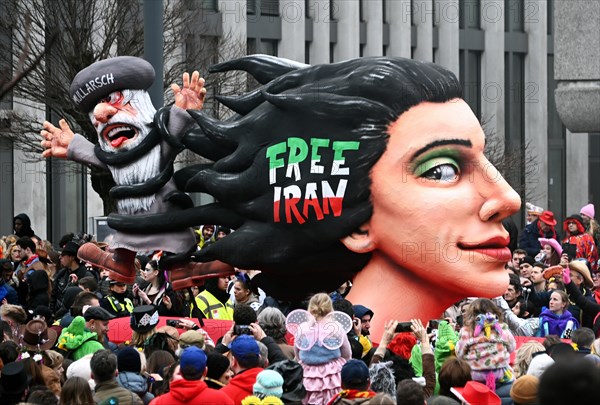 Theme float by Jaques Tilly: Free Iran, Rosenmontagszug in Duesseldorf, North Rhine-Westphalia