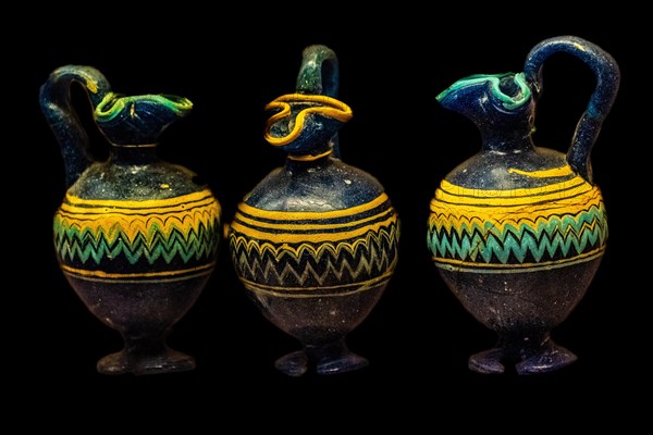 Ancient Greek wine jug with handle as core-formed miniature glass, c. 500 BC, Archaeological Museum in the former Order of St. John Hospital, 15th century, Old Town, Rhodes Town, Greece, Europe