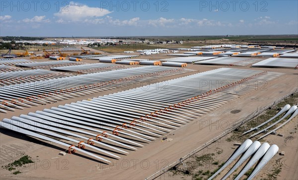 Garden City, Kansas, Wind turbine blades and other turbine parts are stored at the Wind Power Component Distribution Center operated by Transportation Partners and Logistics