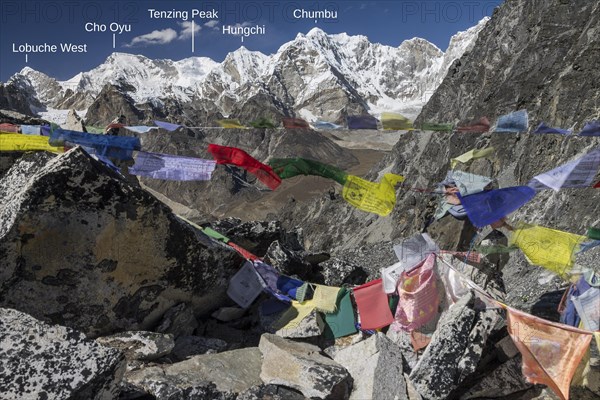 Kongma La with Buddhist prayer flags, view towards the West. The eight-thousander Cho Oyu, the sixth-highest mountain in the world, is on the left, under the cloud here. Tenzing Peak is also visible, among some other peaks. Photo with peak labels. Three Passes Trek, Khumbu, the Everest Region, Himalayas. Sagarmatha National Park, a UNESCO World Heritage Site. Solukhumbu, Nepal, Asia