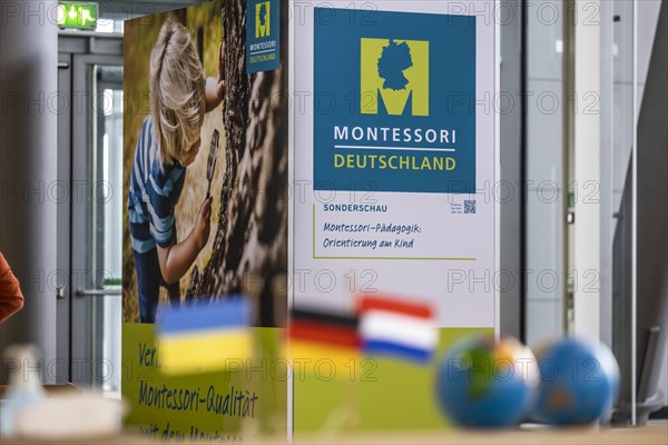 Exhibition stand Montessori Pedagogy. The trade fair Didacta is Europes largest education trade fair, target groups are teachers and trainers at kindergartens, schools and universities. Stuttgart, Baden-Wuerttemberg, Germany, Europe