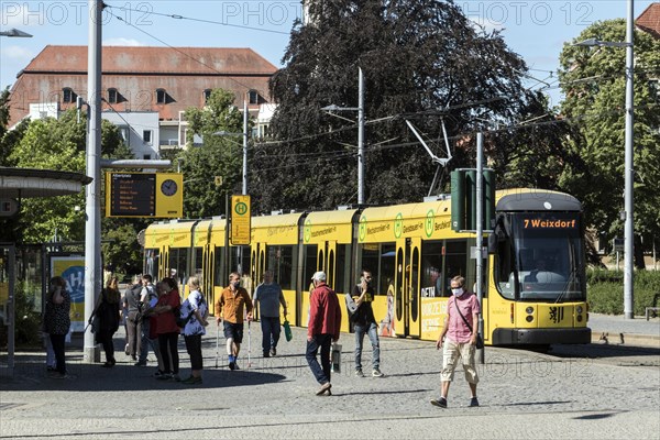 Tram stop at Albertplatz in Dresden during rush hour, Dresden, Saxony, Germany, Europe