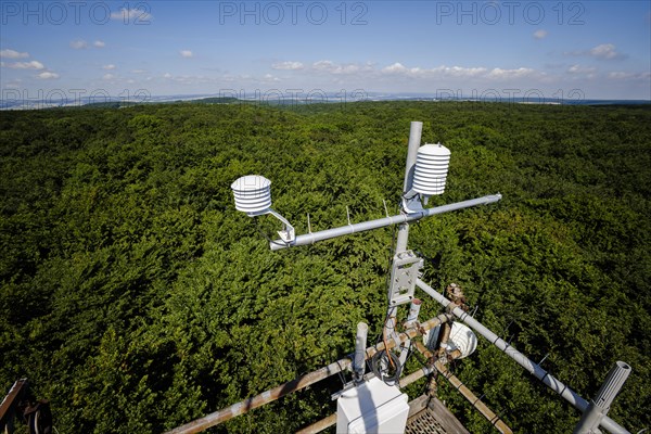A hygrometer for recording air temperature and relative humidity hangs from a measuring tower of the Northwest German Forest Research Institute above a deciduous forest in Lower Saxony. Here, researchers are investigating how the forest can be prepared for the challenges of climate change. Mackenrode, Mackenrode, Germany, Europe