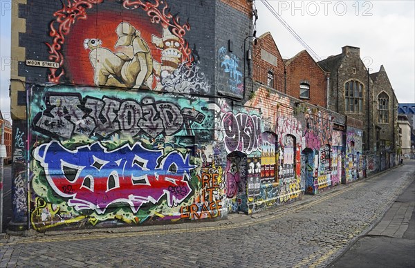 House facades with street art, Bristol, England, Great Britain