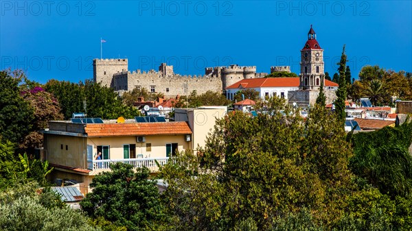 View of Clock Tower and Grand Masters Palace, Roloi, 7th c., Rhodes Town, Greece, Europe