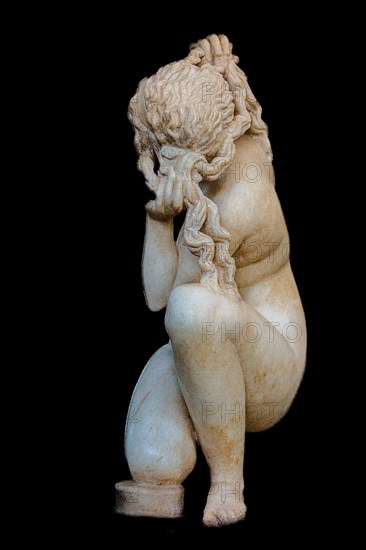 Small marble statue of Crouching Aphrodite from the Bath, known as Venus of Rhodes, 100 BC, Archaeological Museum in the former Order Hospital of the Knights of St John, 15th century, Old Town, Rhodes Town, Greece, Europe