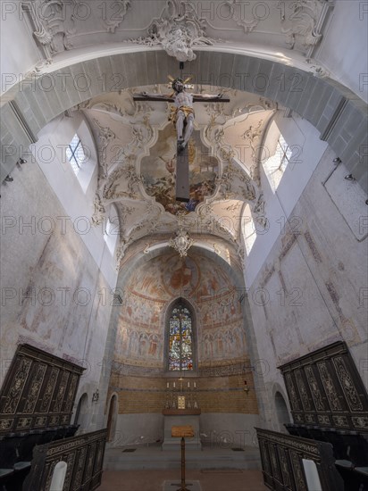 Interior with painted ceiling vault of the Catholic parish church of St. Peter and Paul, former collegiate church, Romanesque columned basilica, Unesco World Heritage Site, Niederzell on the island of Reichenau in Lake Constance, Constance district, Baden-Wuerttemberg, Germany, Europe