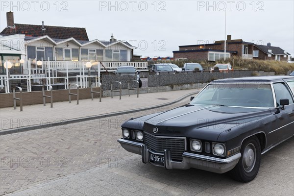 Cadillac SedanDe Ville from 1970 parked on Strandboulevard, Dutch North Sea coast, Bergen aan Zee, province of North Holland, The Netherlands, Europe