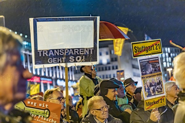 Against this, and this with conviction and for the 500th time. 500th Monday demonstration protesting against the new through station, the Stuttgart 21 project, Stuttgart, Baden-Wuerttemberg, Germany, Europe