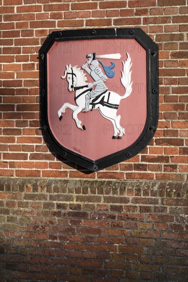 Coat of arms of the district of Dithmarschen on the Dithmarschen Lademuseum in Meldorf, the Dithmarscher, Meldorf, Schleswig-Holstein, Germany, Europe