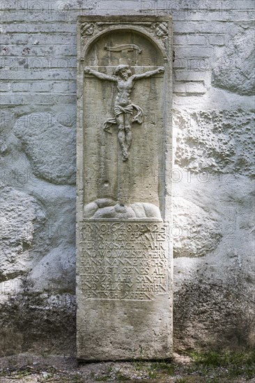 St. Laurentius Church of the Parish of Lunden, 15th and 16th century family cemetery in the churchyard, grave slabs, gravestones, finds from excavations, Lunden, Schleswig-Holstein, Germany, Europe