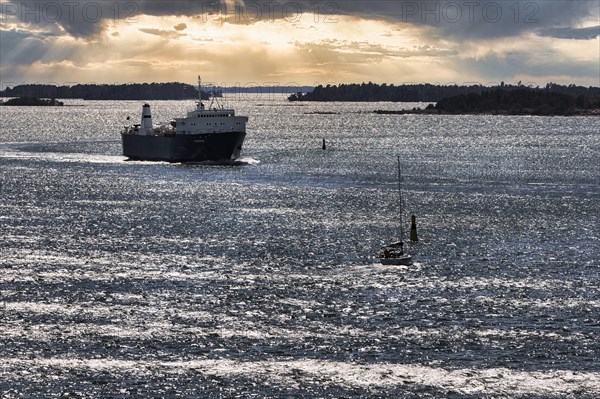 Ferry Fjaerdvaegen from Aland to Nadendal, Naantali, Shipping in the Archipelago, Archipelago National Park, Skaergardshavets National Park, Evening Sky, Turku, Finland, Europe