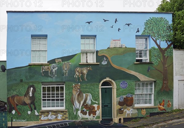 Horses and cows in a meadow, Street Art, Bristol, England, Great Britain