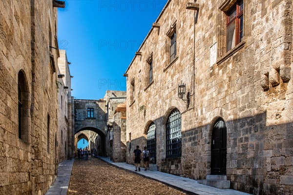 Knights Street in Old Town from the time of the Order of St. John, the only surviving 16th century street in late Gothic style, Oddos Ippoton, Rhodes Town, Greece, Europe