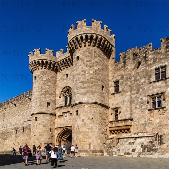 Main portal in sand-lime stone, Grand Masters Palace built in the 14th century by the Johnnite Order, fortress and palace for the Grand Master, UNESCO World Heritage Site, Old Town, Rhodes Town, Greece, Europe