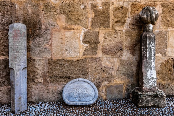 Muslim tombstones, garden courtyards, Archaeological Museum in the former Order Hospital of the Knights of St John, 15th century, Old Town, Rhodes Town, Greece, Europe