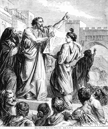 Ezra reads the law to the people, man, read, recite, book, writing, people, crowd, hand, show, gate, wall, Bible, Old Testament, The Book of Nehemiah, chapter 8, verse 5, historical illustration c. 1850