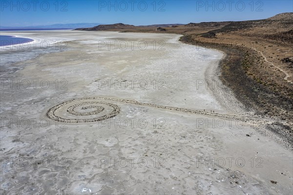 Promontory, Utah, The Spiral Jetty, an earthwork sculpture created by Robert Smithson in 1970 in Great Salt Lake. The sculpture was underwater for 30 years but is now on dry land due to the historic drought affecting the western United States