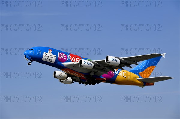 Taking off Emirates Airlines special livery Expo Dubai 2021-2022 Airbus A380-800, Munich Airport, Upper Bavaria, Bavaria, Germany, Europe