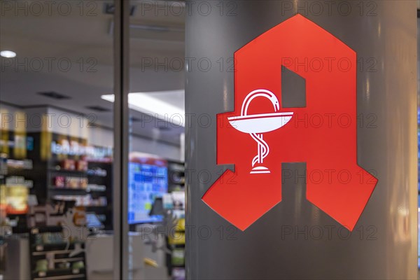 Pharmacy, red pharmacy A as identification sign for public pharmacies, Hanover, Lower Saxony, Germany, Europe