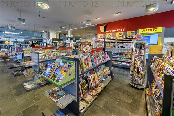 Shelves with magazines, bookshop with world press, Allgaeu, Bavaria, Germany, Europe