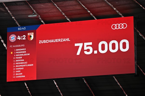 Scoreboard, score, crowd 75, 000, sold out, Allianz Arena, Munich, Bavaria, Germany, Europe