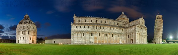 Pisa Miracles Square with Leaning Tower Illuminated Panorama Tuscany Italy