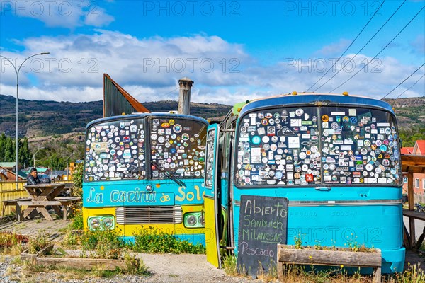 Food Truck La Cocina de Sole in two old buses, Villa Cerro Castillo village, Cerro Castillo National Park, Aysen, Patagonia, Chile, South America