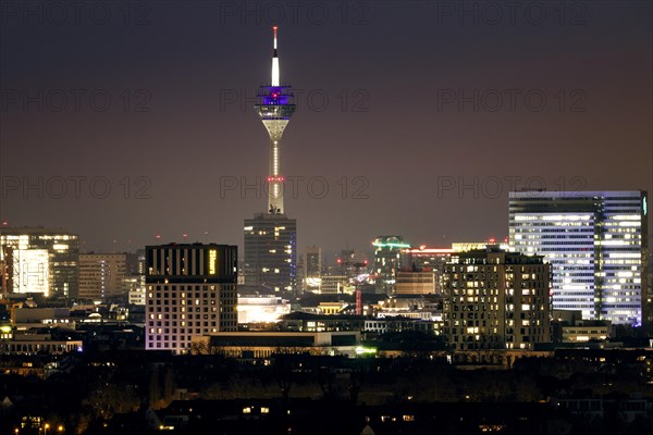 View of the city centre of the state capital Duesseldorf, with Rhine Tower, City Gate, Dreischeibenhaus and Mannesmann Tower, Duesseldorf, North Rhine-Westphalia, Germany, Europe